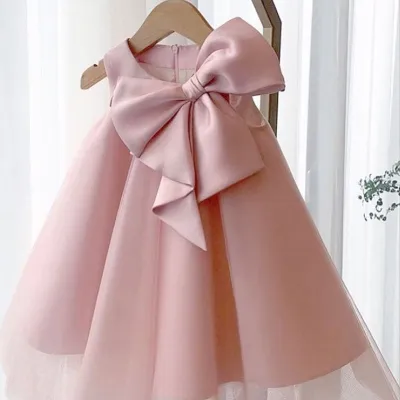 Girls Sleeveless Bow Mesh Princess Dress for Kids Toddlers - Chemical Fiber Blend, Polyester