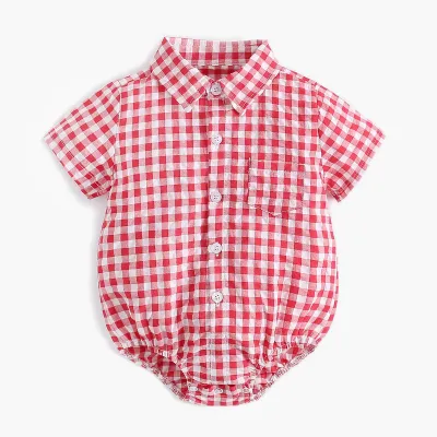 Toddlers Newborn Baby Girls Boys Plaid Print Short Sleeve Lapel Bodysuit