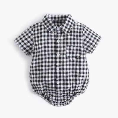 Toddlers Newborn Baby Girls Boys Plaid Print Short Sleeve Lapel Bodysuit