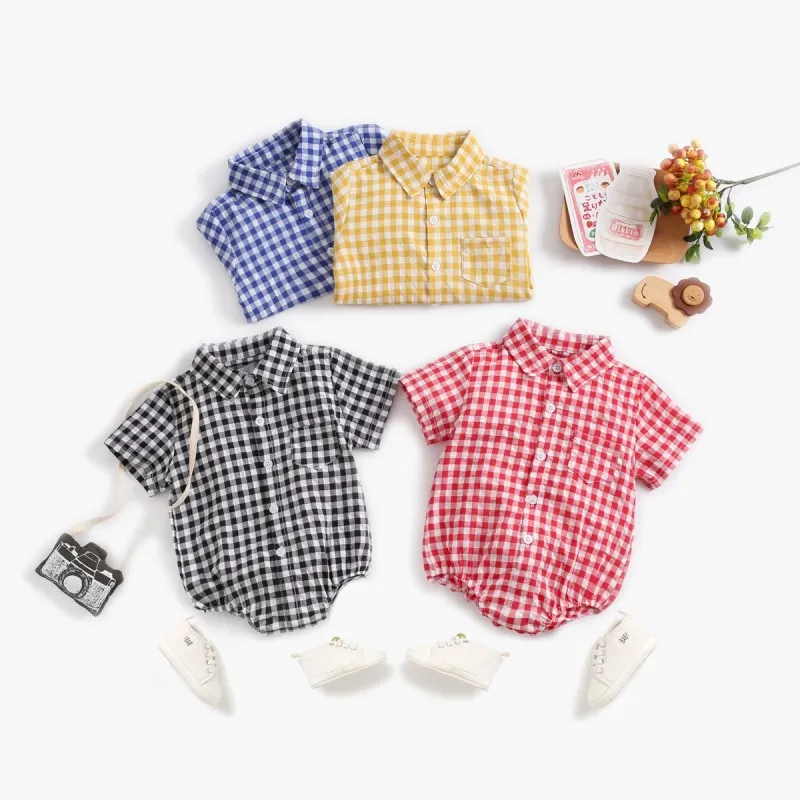 Toddlers Newborn Baby Girls Boys Plaid Print Short Sleeve Lapel Bodysuit