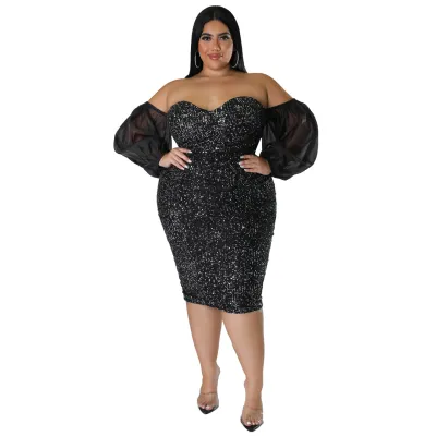 Plus Size Women's One Shoulder Sequined Midi Dress