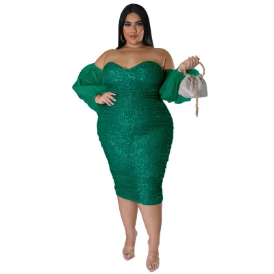 Plus Size Women's One Shoulder Sequined Midi Dress
