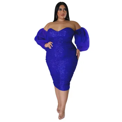 Plus Size Women's One Shoulder Sequined Midi Dress