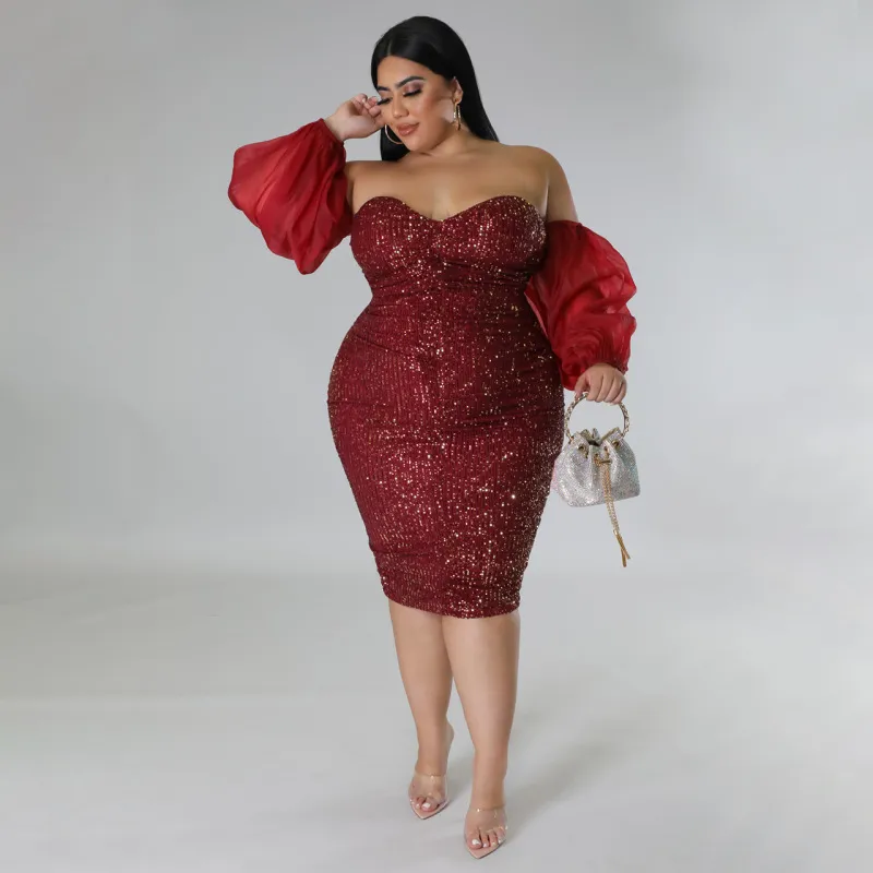 Plus Size Women's One Shoulder Sequined Midi Dress
