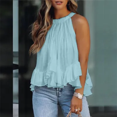 Summer Casual Vacation Solid Color Pullover Sleeveless Loose Round Neck Ruffled Blouse