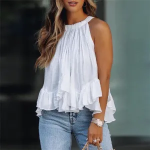 Summer Casual Vacation Solid Color Pullover Sleeveless Loose Round Neck Ruffled Blouse