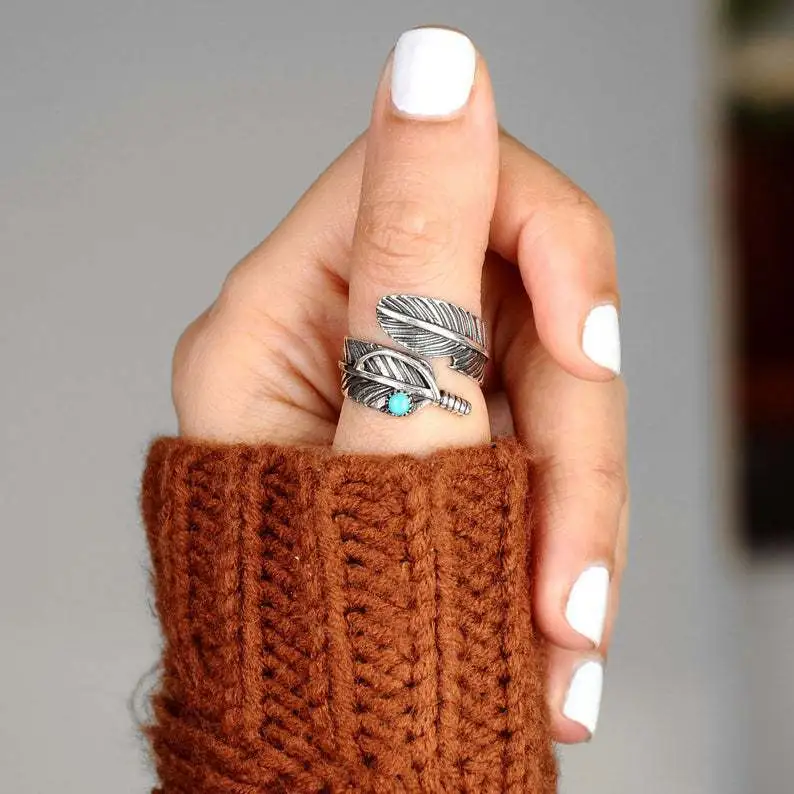 Women Simple Fashion Turquoise Metal Feather Ring