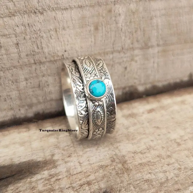 Women Bohemian Pattern Embossed Turquoise Alloy Ring