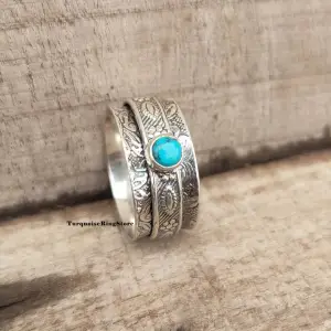 Women Bohemian Pattern Embossed Turquoise Alloy Ring