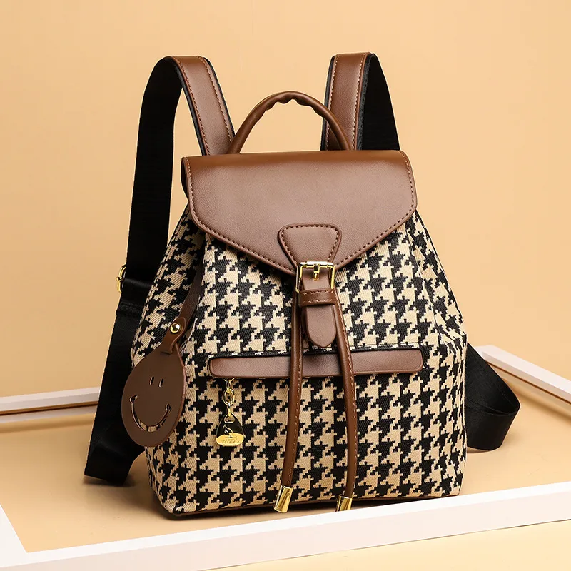 Women's Fashion Retro Houndstooth Large Capacity PU Backpack