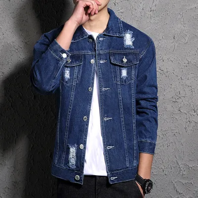 Men's Casual Fashion Ripped Denim Jacket Outerwear City Style Long Sleeve