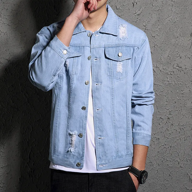 Men's Casual Fashion Ripped Denim Jacket Outerwear City Style Long Sleeve