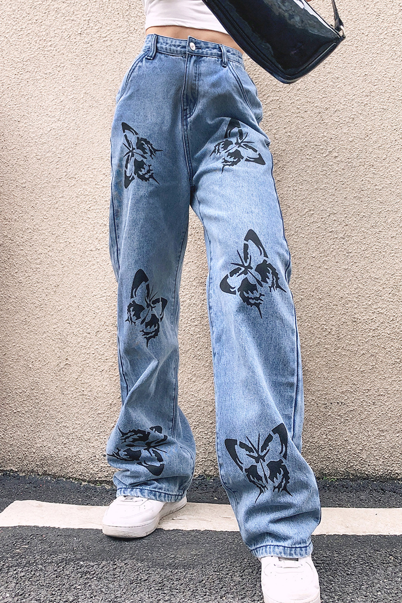 Wholesale Women Fashion Edgy Butterfly Print Straight Jeans