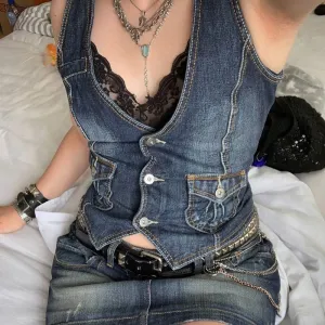 Women's Vintage Slim Denim Vest Cardigan for OL Commuting