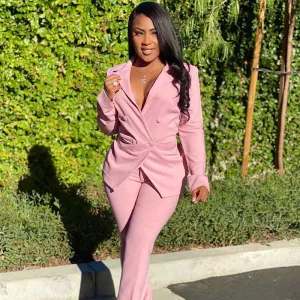 Women Casual Elegant Solid Color Long Sleeve Blazer And Pants Work Set