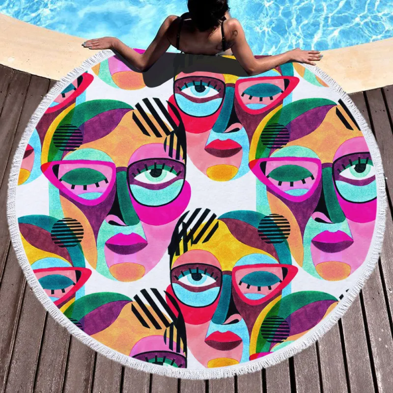 Watercolor Geometric Pattern Abstract Glasses Portrait Digital Printing Tassel Beach Towel