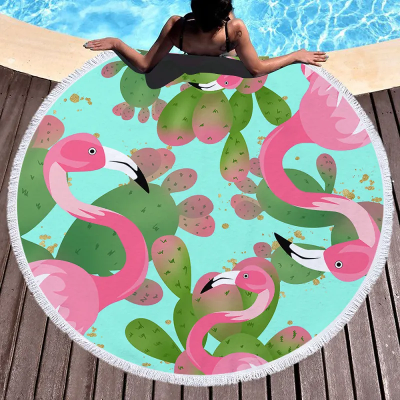 Flamingo Digital Print Tassel Round Beach Towel