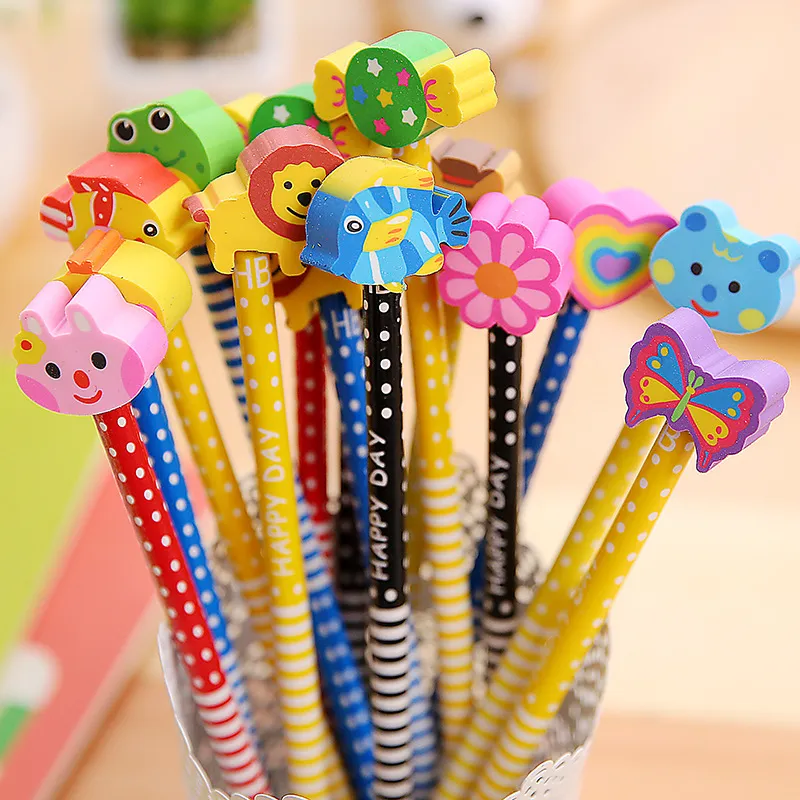 Cartoon Pattern Pencil With Eraser Stationery Writing Pen Wooden HB Lead