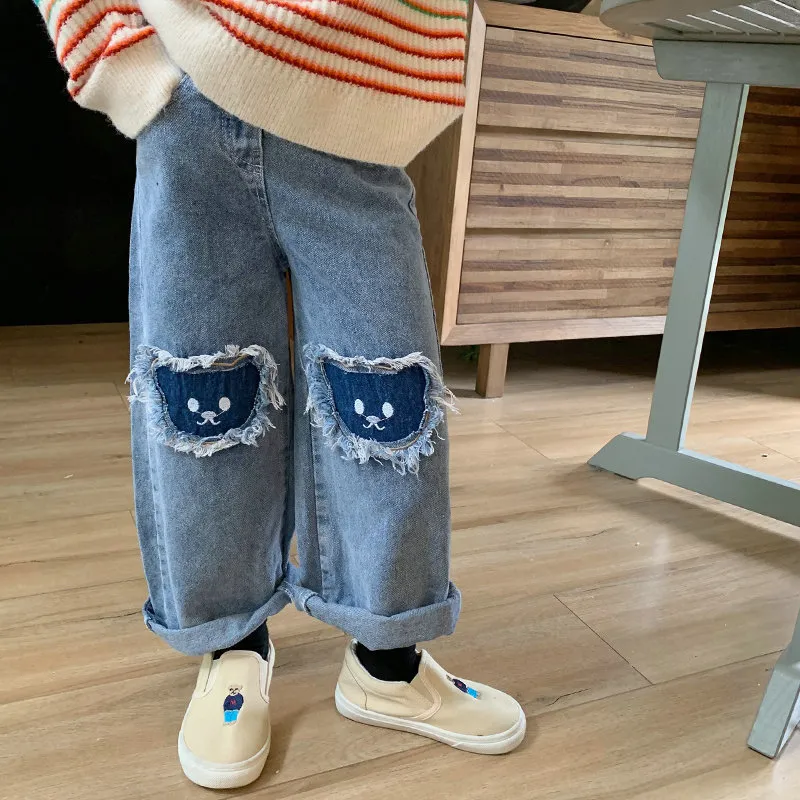 Children Kids Baby Fashion Girls Cartoon Cat Solid Color Cotton Denim Jeans Middle Waist Long