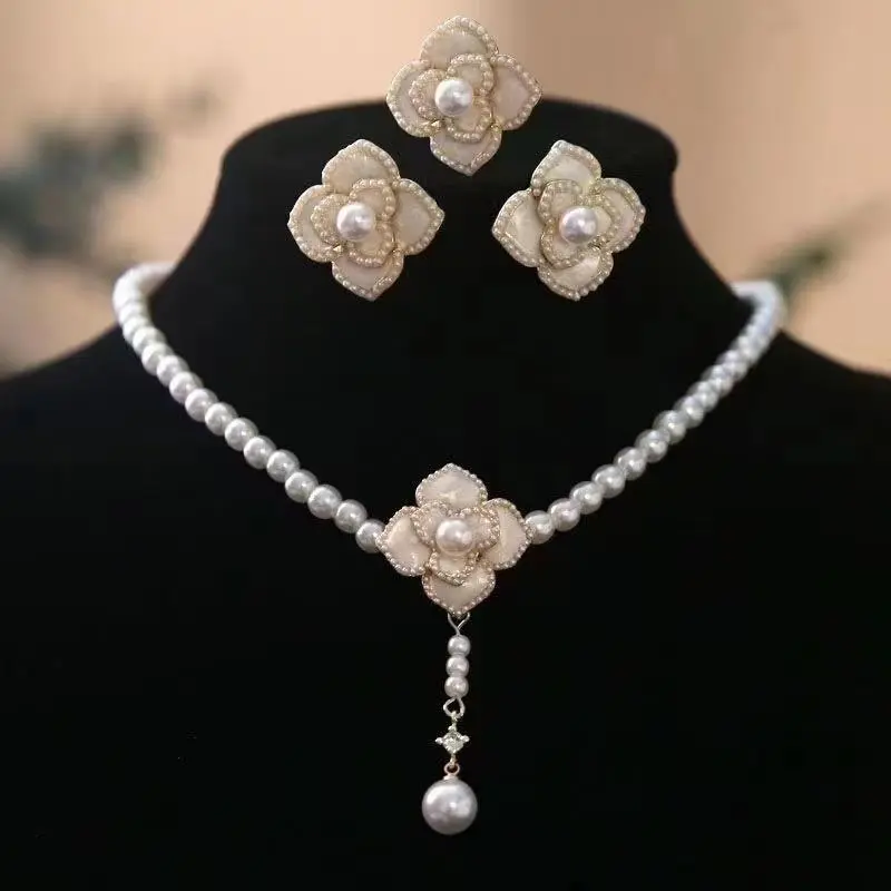 Women Camellia Pearl Necklace Earrings Ring Set Vintage Alloy Imitation Pearl Jewelry Set