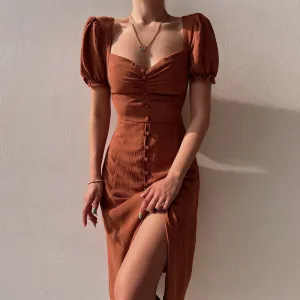 Women Elegant Summer V-Neck Single-Breasted Midi Short Sleeve Solid Dress
