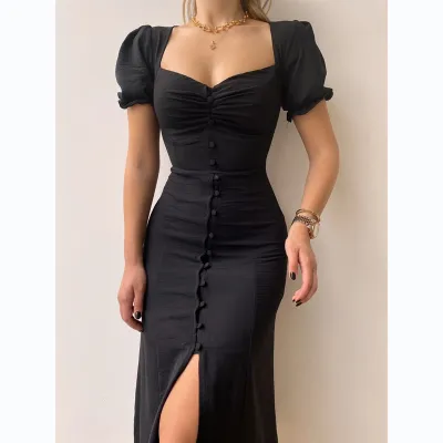 Women Elegant Summer V-Neck Single-Breasted Midi Short Sleeve Solid Dress