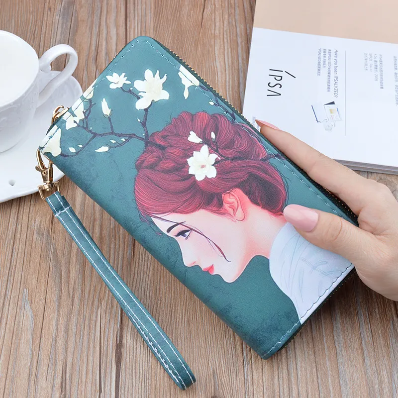 Women Fashion Print Long Coin Purse PU Leather Zipper Closure Wallets