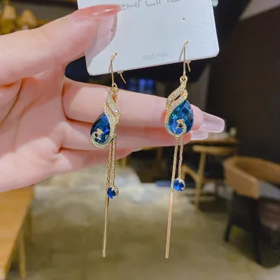 Women Vintage Peacock Blue Rhinestone Long Tassel Drop Earrings