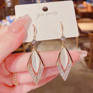 Women Simple Opal Geometric Rhombus Earrings 925 Silver Needle