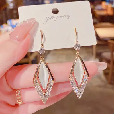 Women Simple Opal Geometric Rhombus Earrings 925 Silver Needle