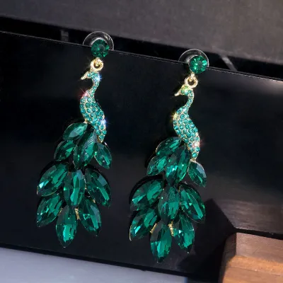 Women Personality Peacock Shining Rhinestone Green Red 925 Silver Needle Earring