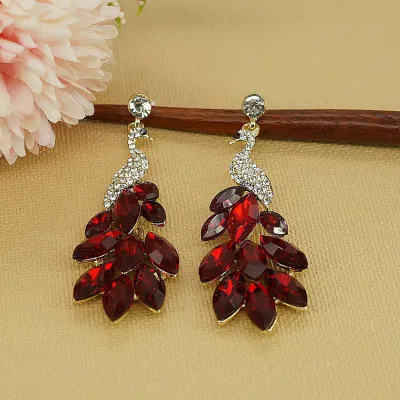 Women Personality Peacock Shining Rhinestone Green Red 925 Silver Needle Earring