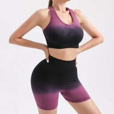Gradient Color Women Breathable Running Seamless Gathered Fitness Yoga Sports Bra Shorts Set