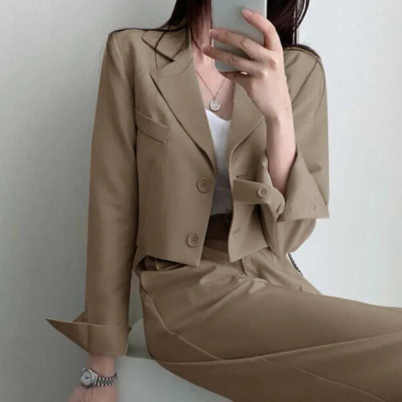 Slim Long Sleeve Solid Color Women Blazer And Pant Sets