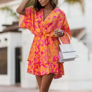 Women Fashion Casual Boho Style V-Neck Loose Dolman Sleeve Graphic Printed Dress
