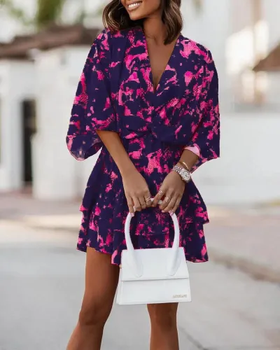 Women Fashion Casual Boho Style V-Neck Loose Dolman Sleeve Graphic Printed Dress