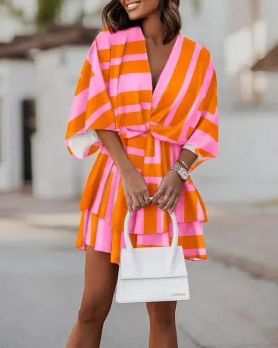 Women Fashion Casual Boho Style V-Neck Loose Dolman Sleeve Graphic Printed Dress