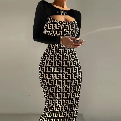 Women Fashion Sexy Cut Out Graphic Printed Long Sleeve Tight Maxi Dress