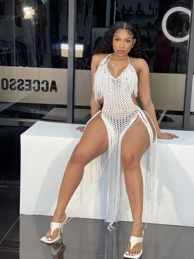 Women Sexy Solid Color Crochet Hollow One-Piece Fringe Beach Dress