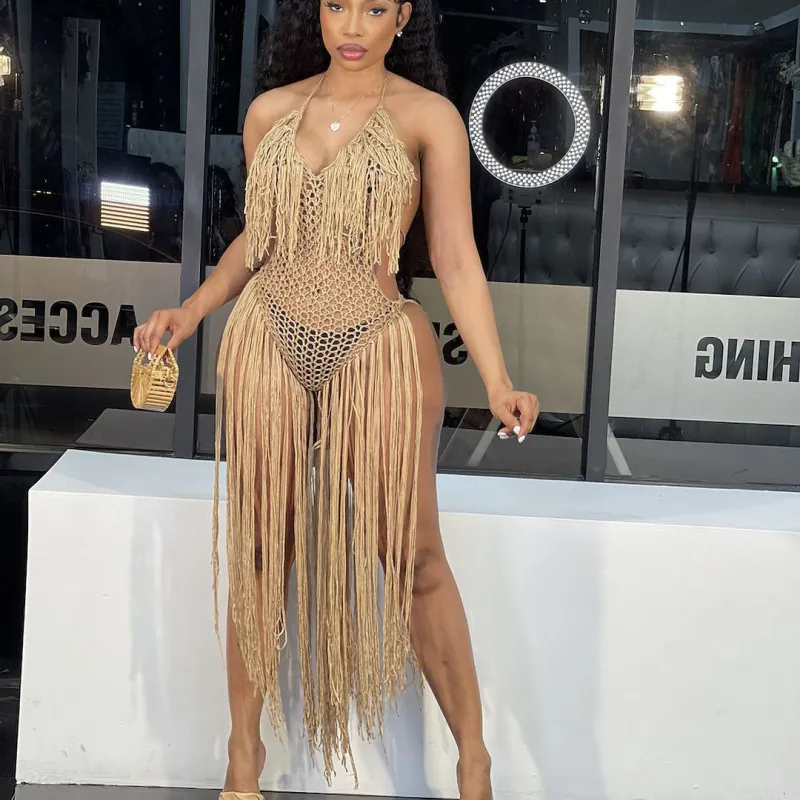 Women Sexy Solid Color Crochet Hollow One-Piece Fringe Beach Dress