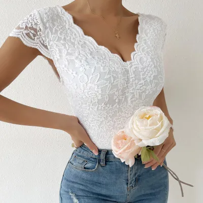 Women Summer Sexy Lace See-Through Deep V Open Back Bodysuit