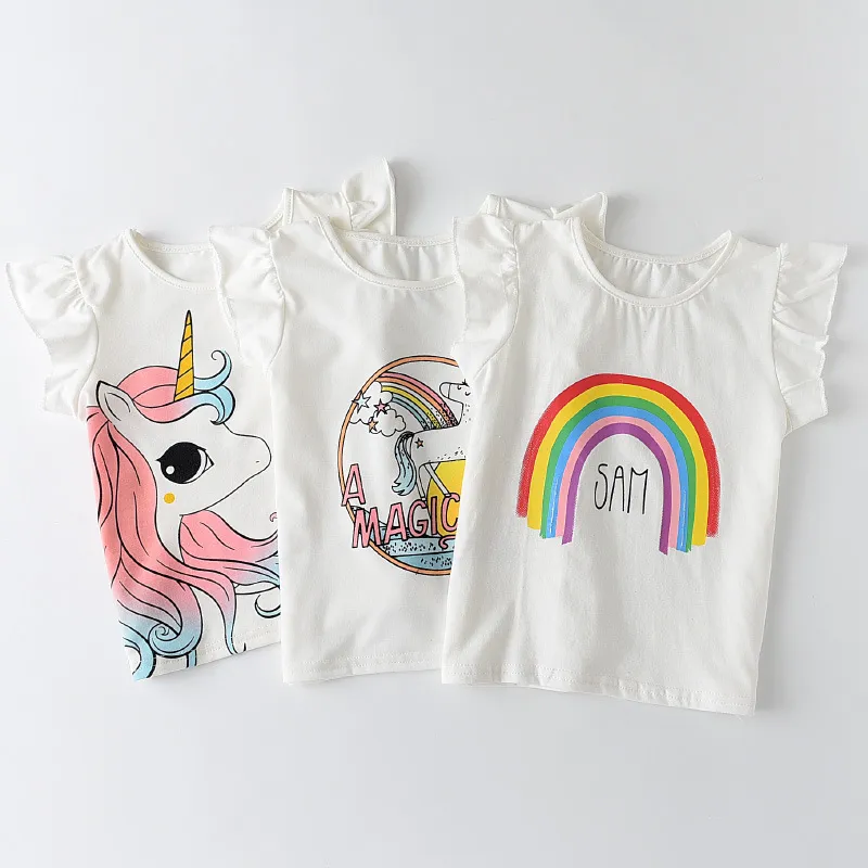 Girls Baby Unicorn Print Ruffle Sleeve T-Shirt Round Neck Cotton Top