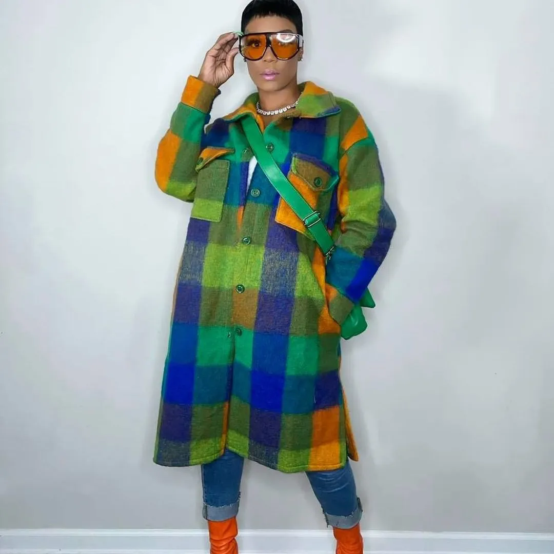 Women's Fashion Color Blocking Plaid Printed Mid-Length Patch Pocket Over Coat Shacket