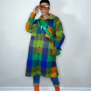 Women's Fashion Color Blocking Plaid Printed Mid-Length Patch Pocket Over Coat Shacket