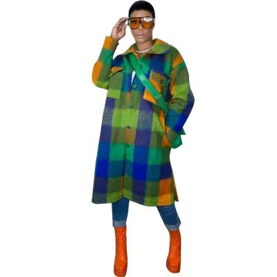 Women's Fashion Color Blocking Plaid Printed Mid-Length Patch Pocket Over Coat Shacket