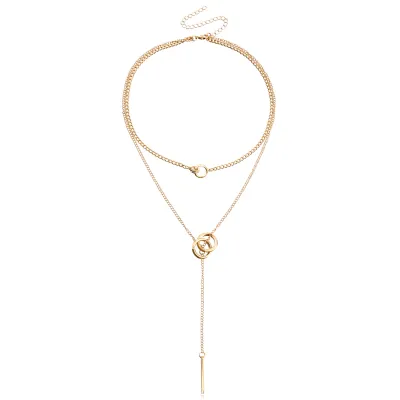 Women Cool Double Circle Clavicle Chain Tassel Long Stick Pendant Necklace