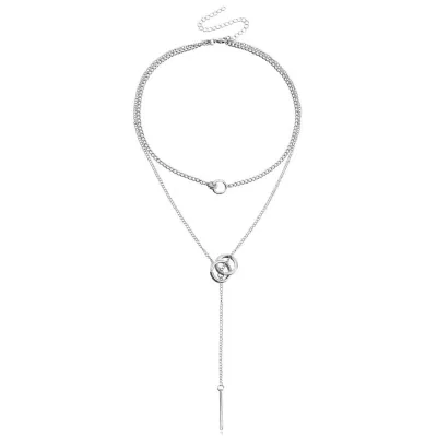 Women Cool Double Circle Clavicle Chain Tassel Long Stick Pendant Necklace