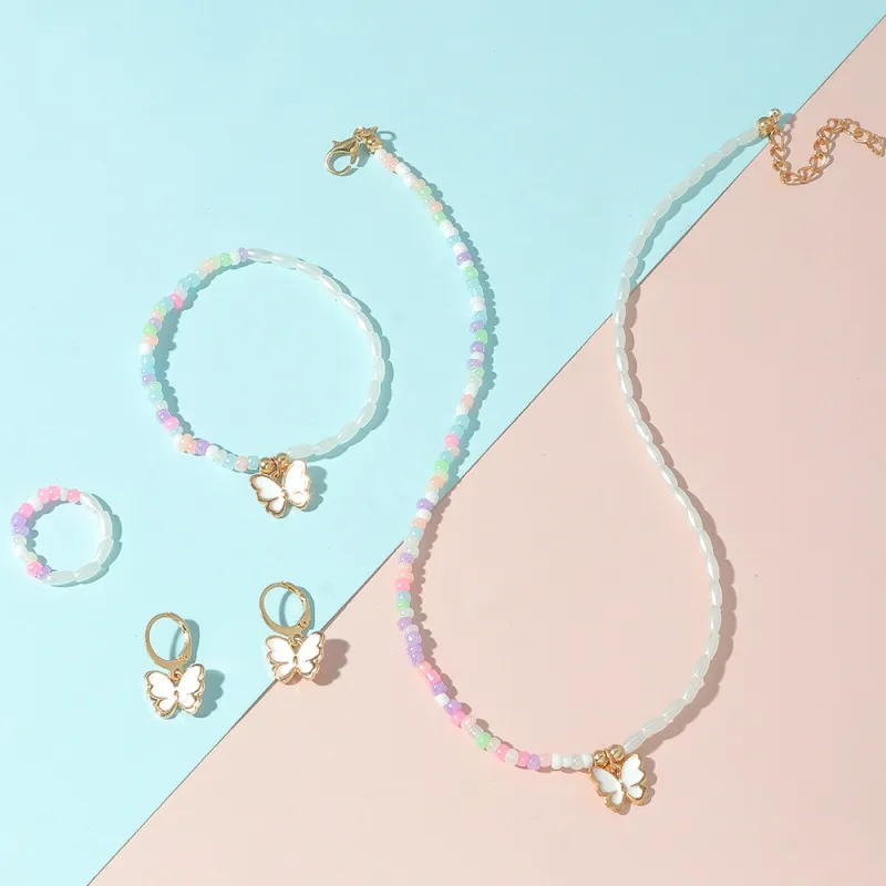 Children Kids Baby Fashion Butterfly Beads Necklace Bracelet Earrings Ring Set for Girls