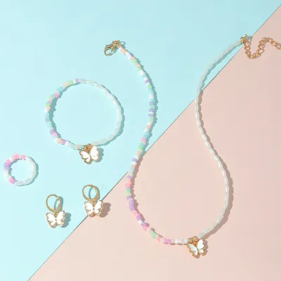 Children Kids Baby Fashion Butterfly Beads Necklace Bracelet Earrings Ring Set for Girls