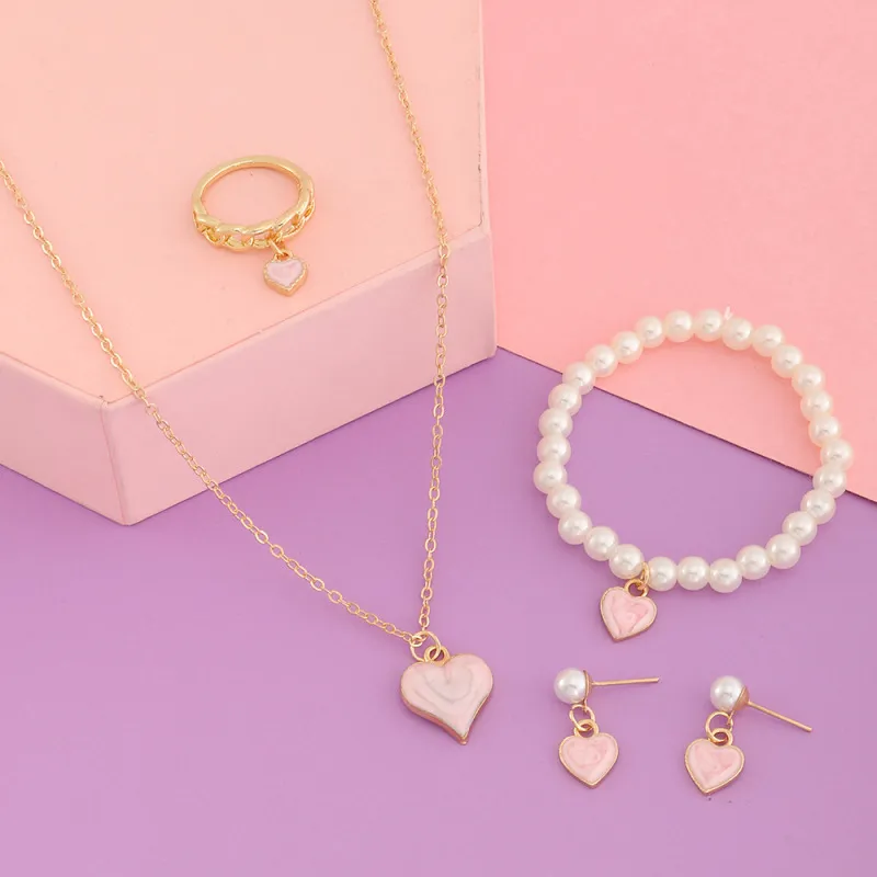 Children Baby Fashion Girls Heart Pearl Necklace Bracelet Earrings Jewelry Set